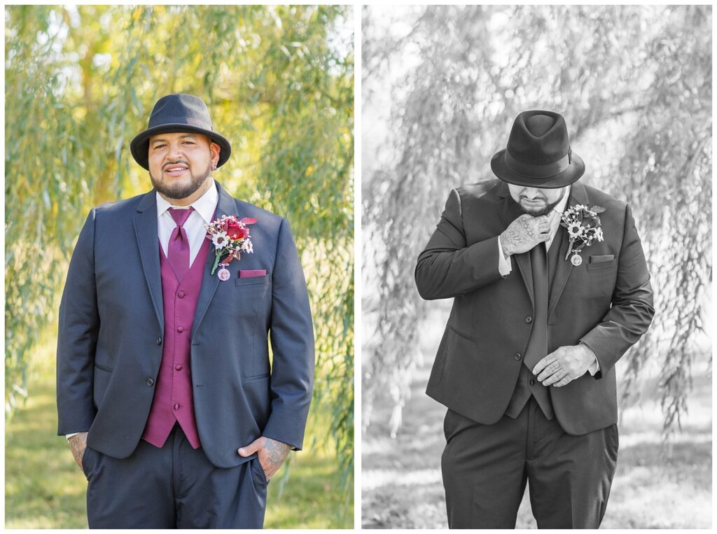groom posing for portraits and adjusting his tie at the Christy House