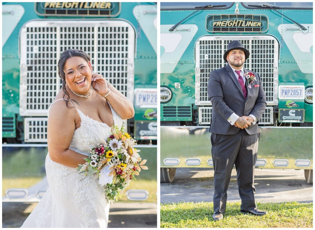 individual portraits of the bride and groom standing in front of the groom's blue green truck