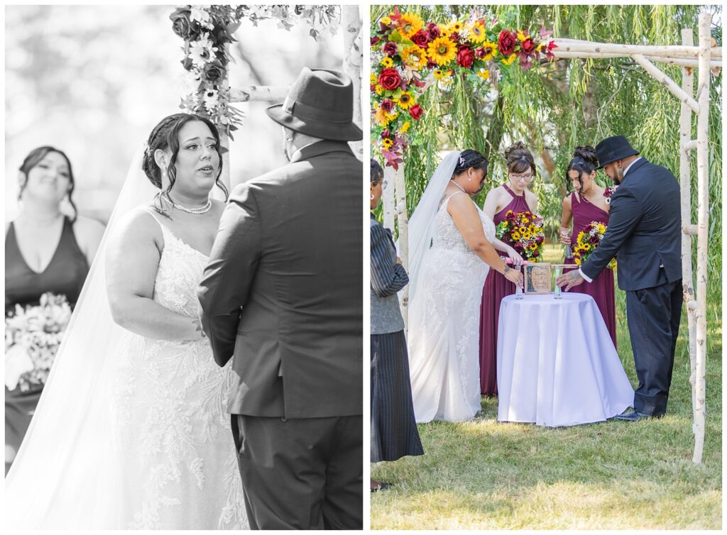 members of both wedding families doing a sand ceremony at venue