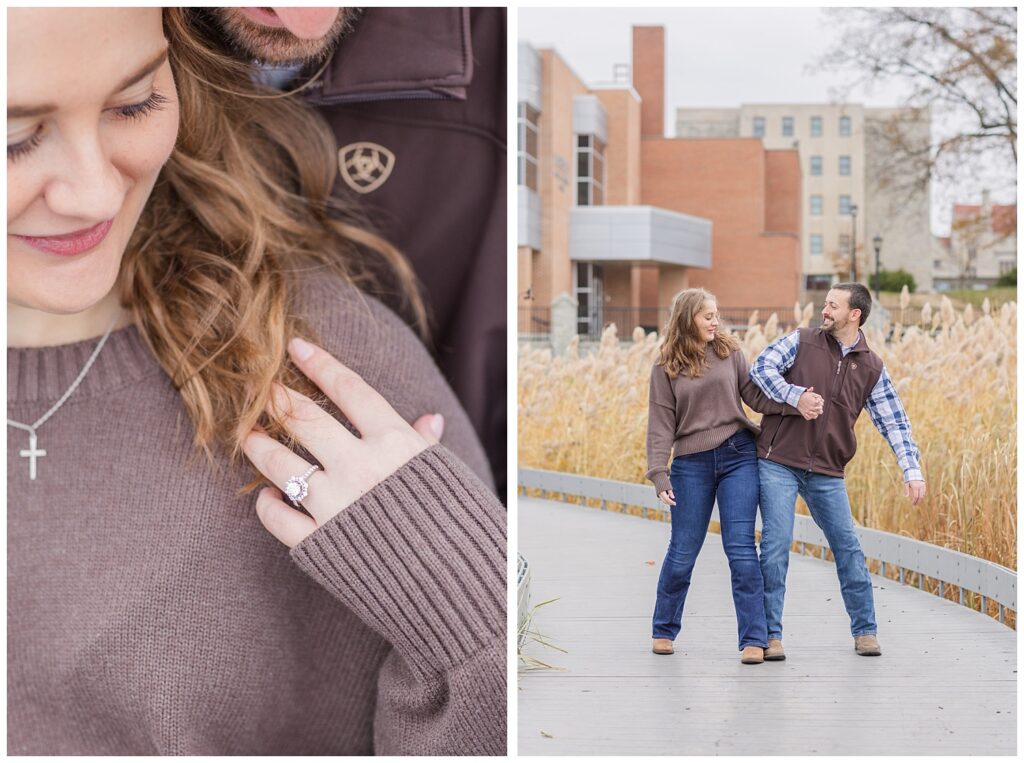 detail of engagement ring during couples portrait session in Tiffin, Ohio