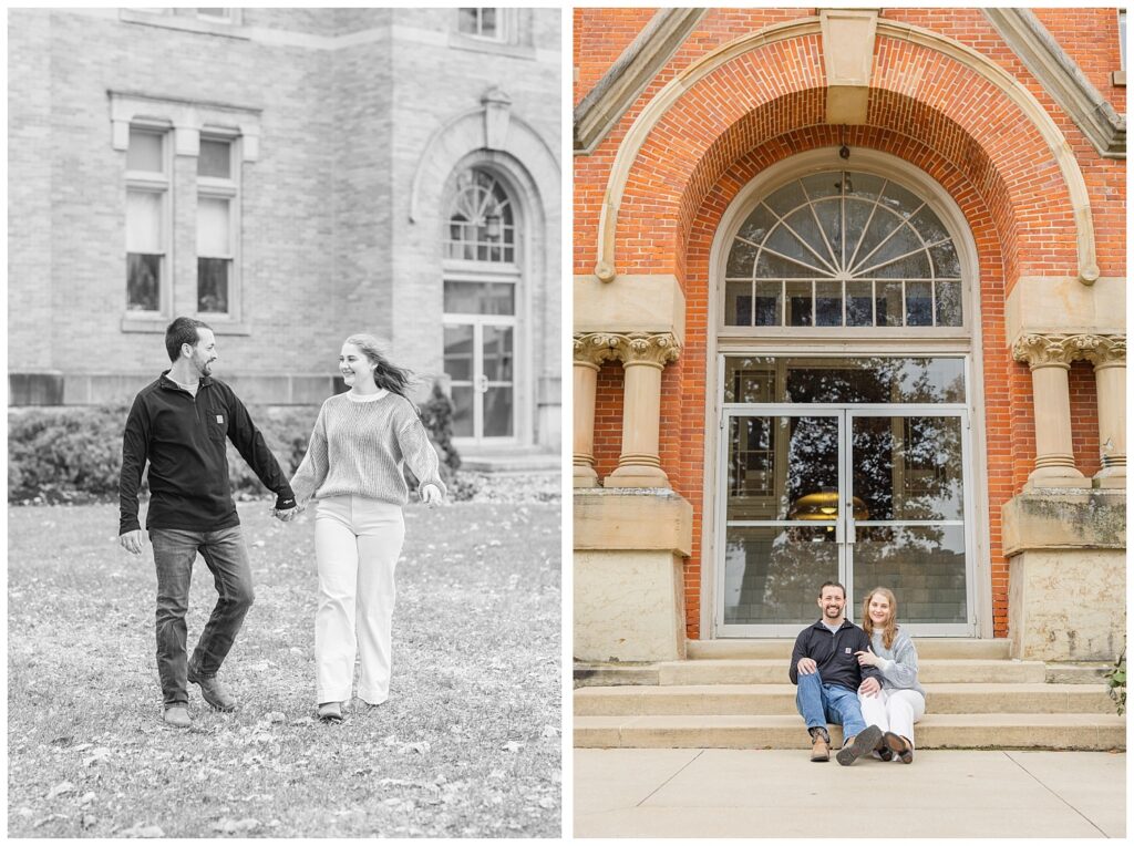 engaged couple sitting together on a set of stairs in front of a large brick building in Tiffin, Ohio