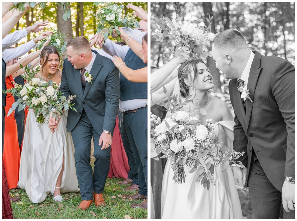 bride and groom going under the tunnel from the hands of the wedding party