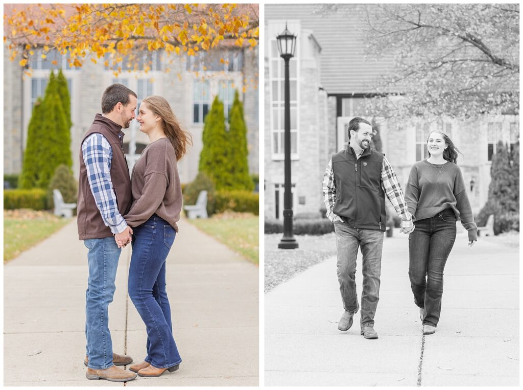 couple holding hands and walking around campus for Tiffin, Ohio engagement session