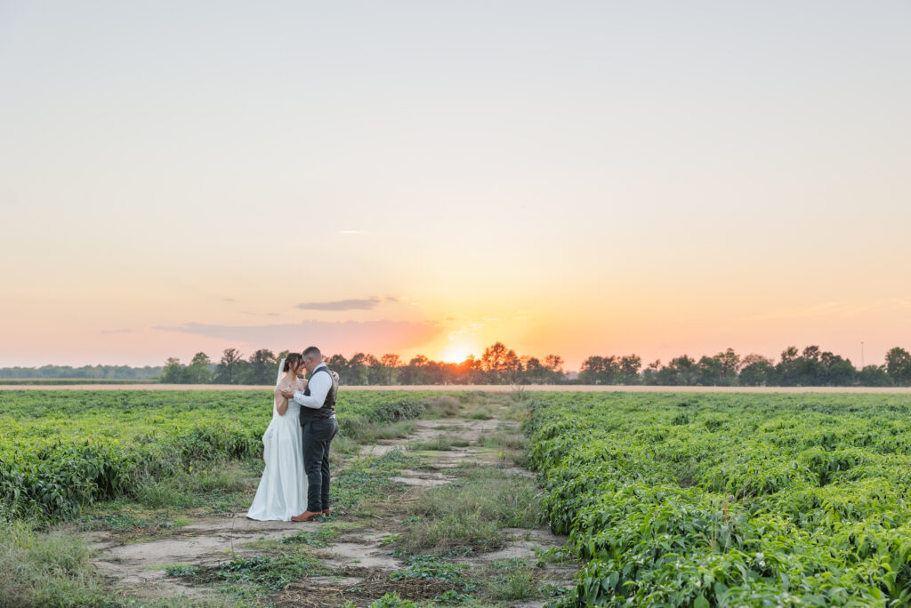 wedding couple posing in a field at sunset at the Octagon House