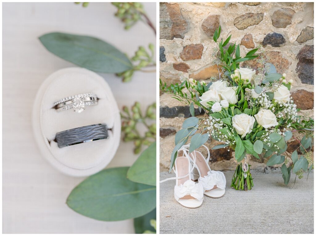 white bridal shoes sitting next to the bridal bouquet against a stone wall