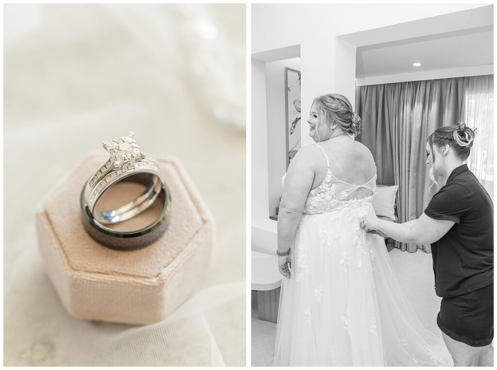 bridesmaid zipping up the bride in her wedding dress while getting ready in Punta Cana