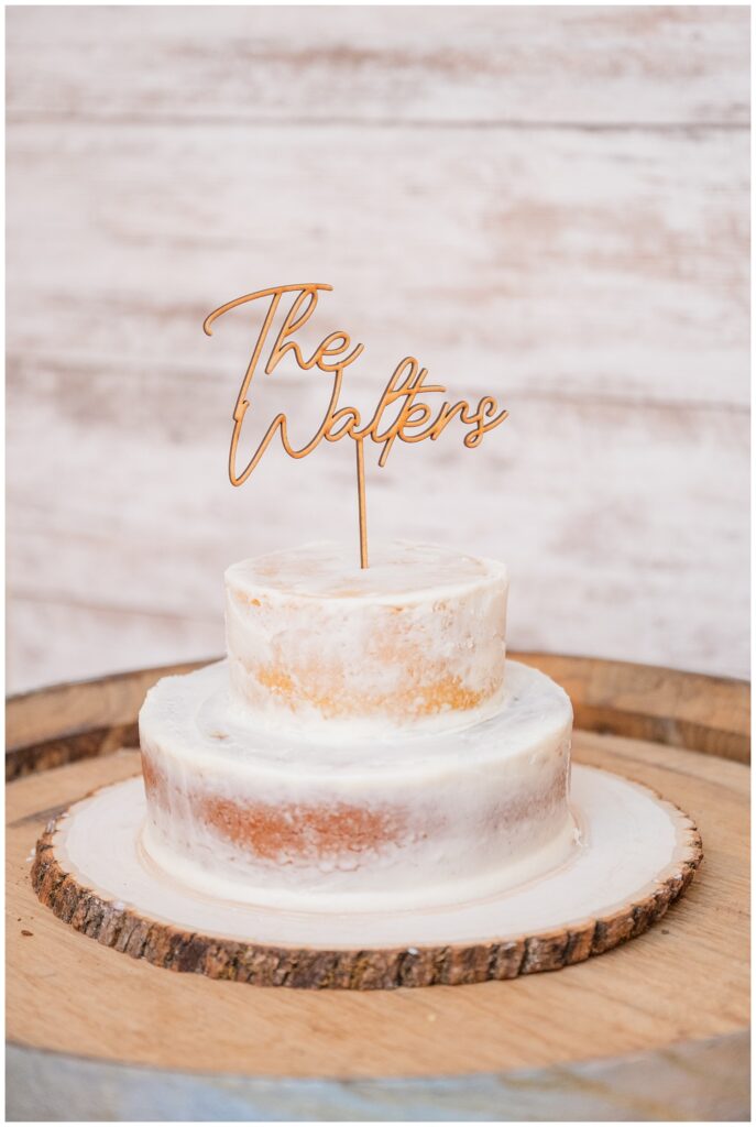 simple two layered cake on a slice of wood at the reception in Tiffin, Ohio