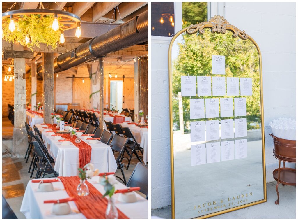 a large mirror with the table seating chart for the reception at the Octagon House