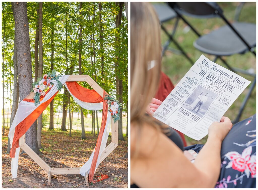 a decorated wood octagon with white and rust colored linens and flowers