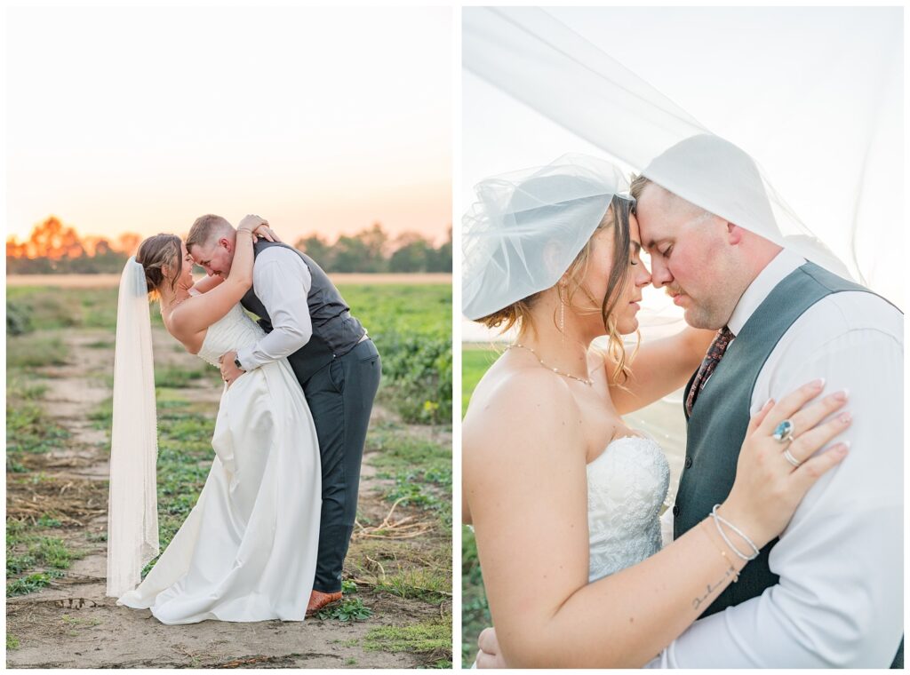groom leaning the bride back for a kiss during sunset at Octagon House venue
