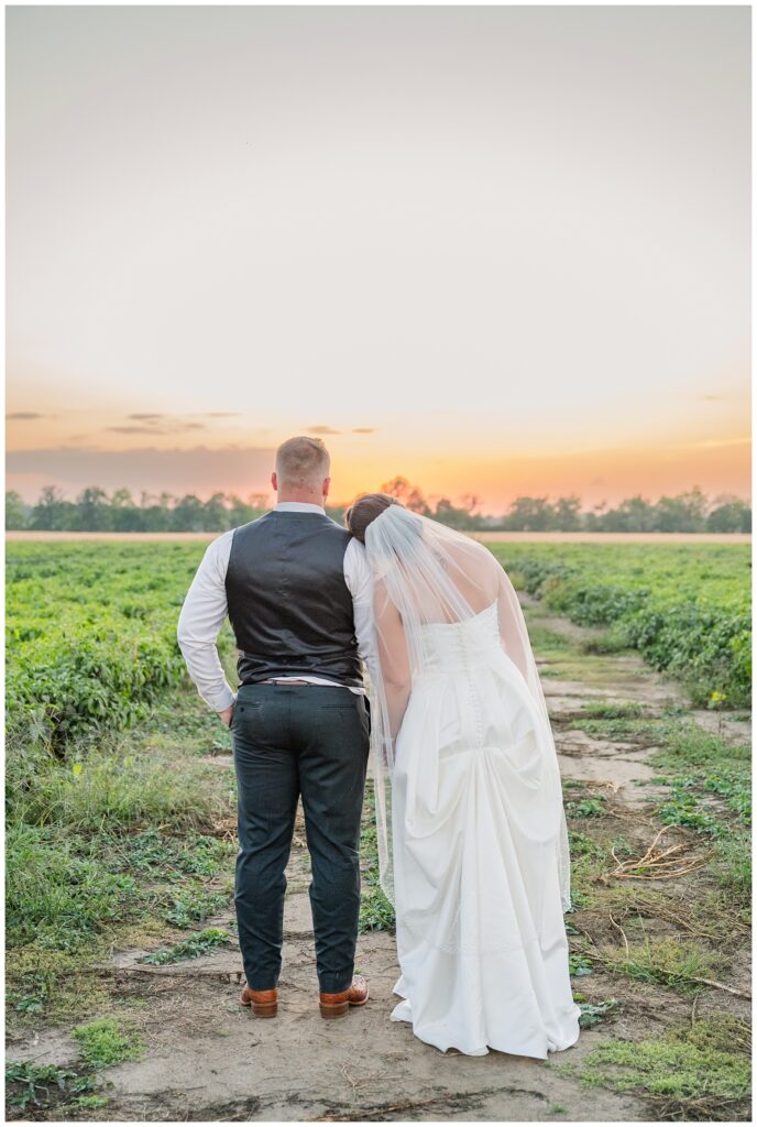 bride and groom standing together looking at the sunset in Tiffin, Ohio