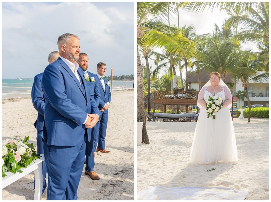 groom looking at the bride walking down the aisle on the beach for Punta Cana resort ceremony 