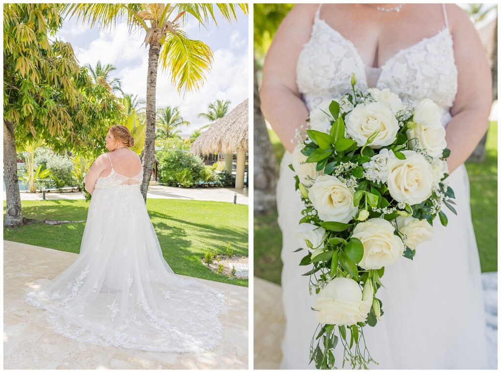 detail of the bride showing her white rose and baby's breath bouquet in Punta Cana