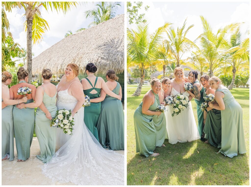 bridal party leaning in for a group portrait on the grass at Punta Cana wedding