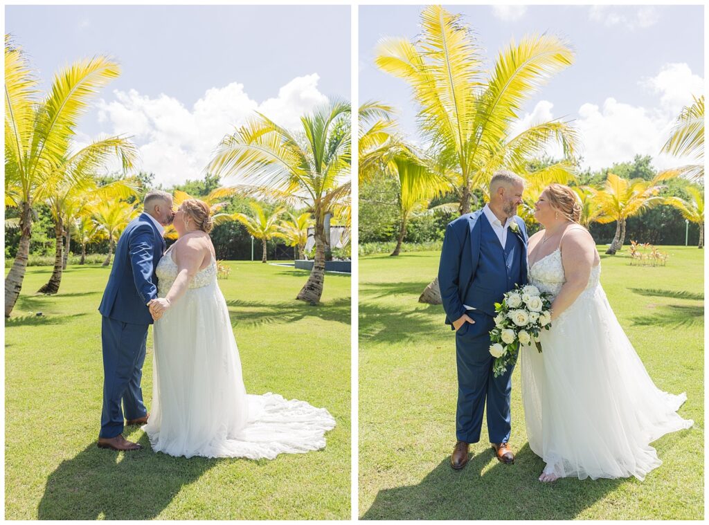 bride and groom portraits next to palm trees at Punta Cana resort destination wedding