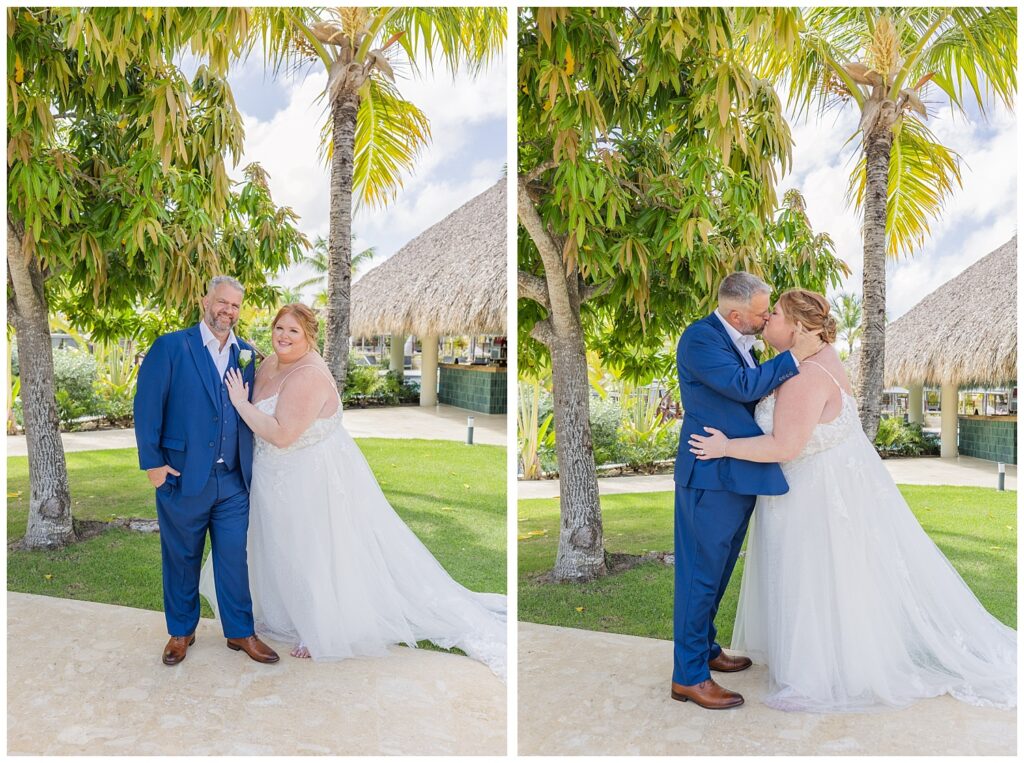 bride and groom sharing a kiss under the palm trees near the pool area at Dream Resort Punta Cana