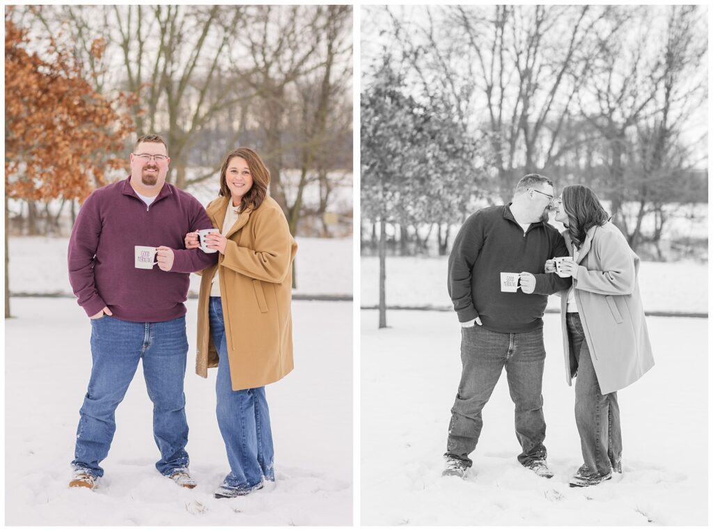 engagement session couple posing in the snow holding coffee mugs