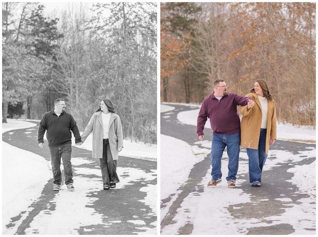 engaged couple holding hands and walking together at the Garlo Heritage Nature Preserve