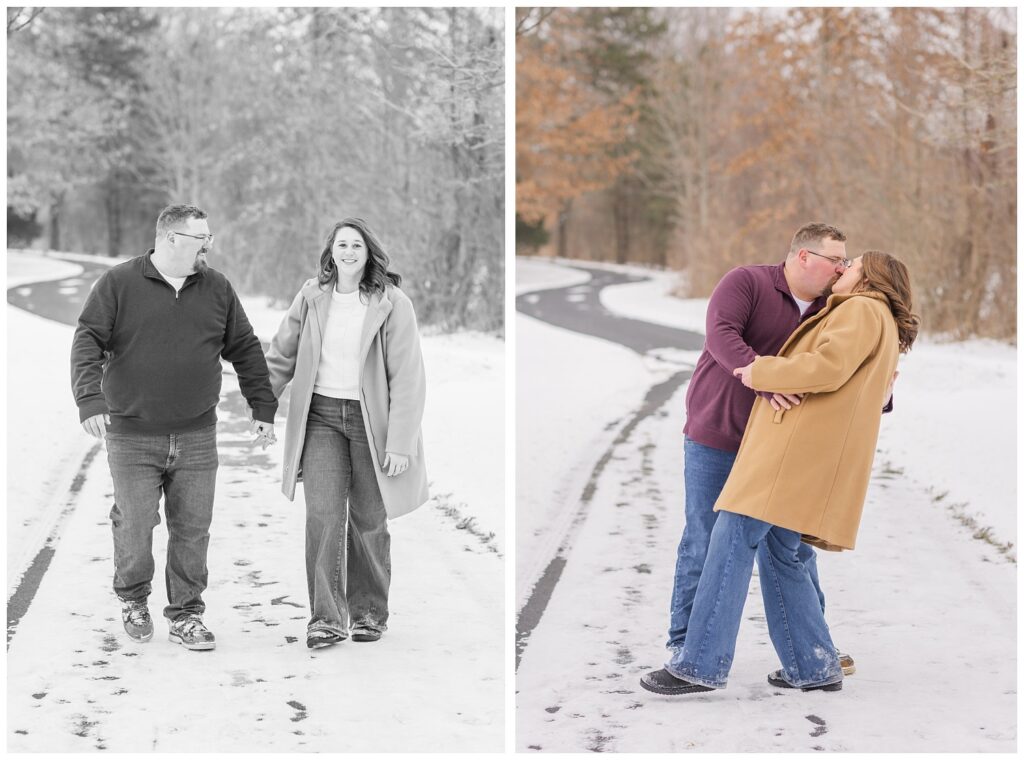 fiance dips back his fiancee for a kiss while posing on a snowy path in Ohio