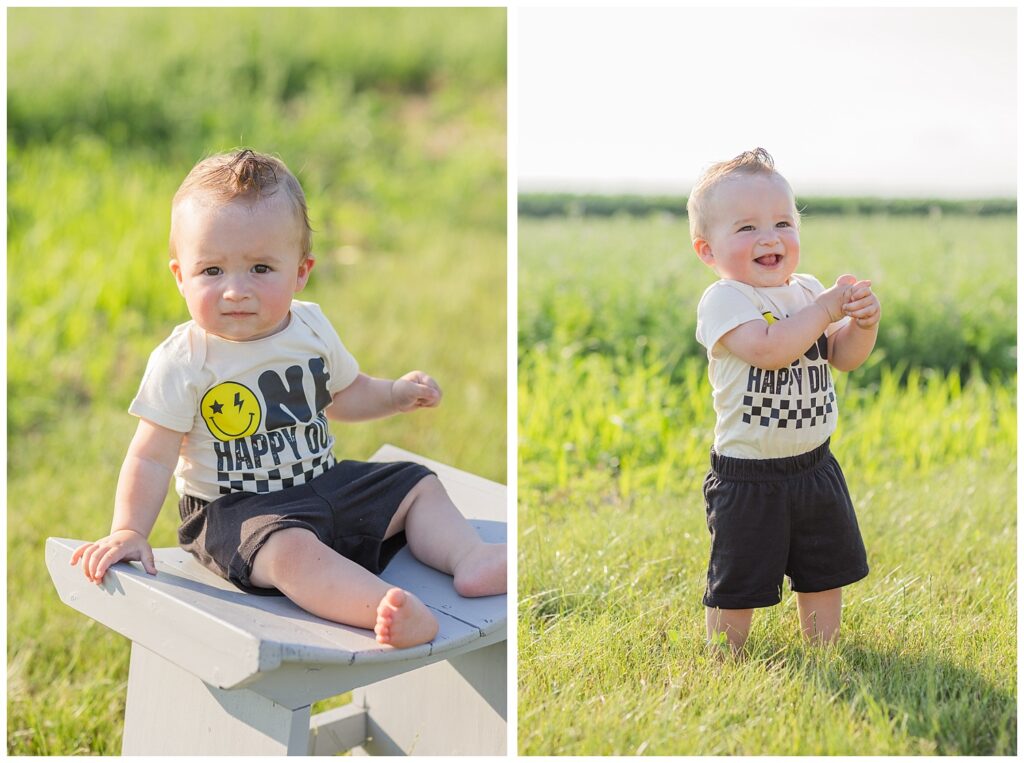 one year birthday portrait session with little boy sitting on a bench in a field