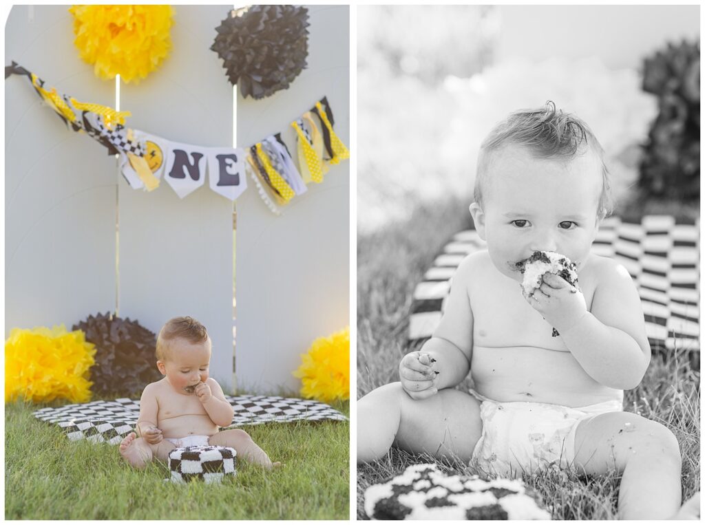 one year old boy wearing a boy and eating cake during smash session in Tiffin, Ohio