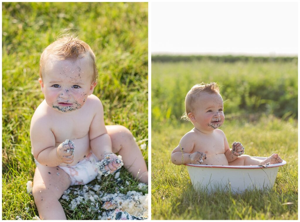 boy covered in smash cake sitting in a a water bowl bath in a field in Fremont, Ohio