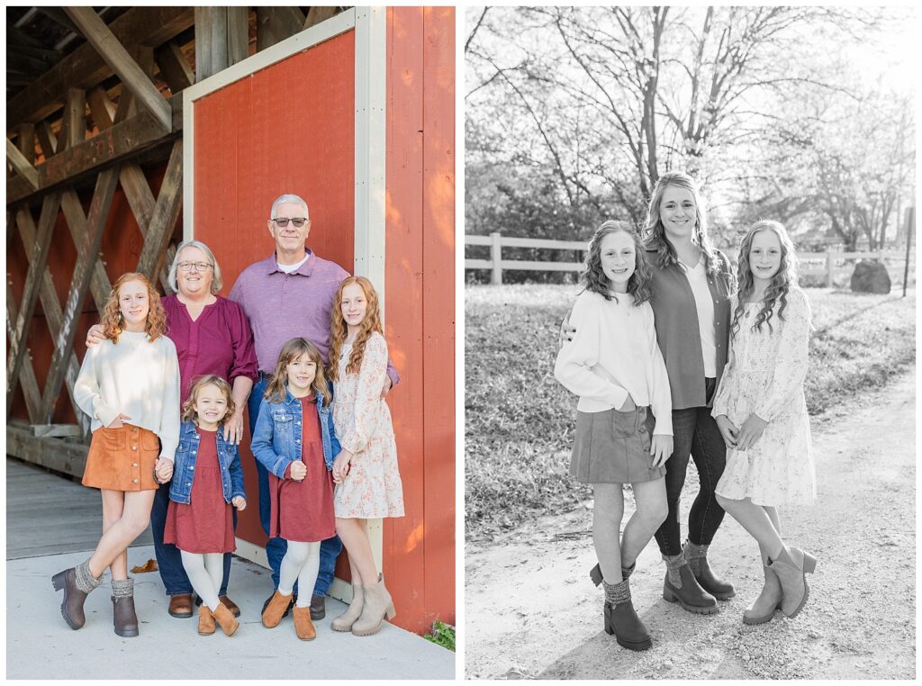 grandparents and their granddaughters posing against a red bridge outdoors