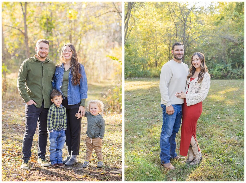 husband and wife and two sons posing on a trail in the woods in Fremont, Ohio