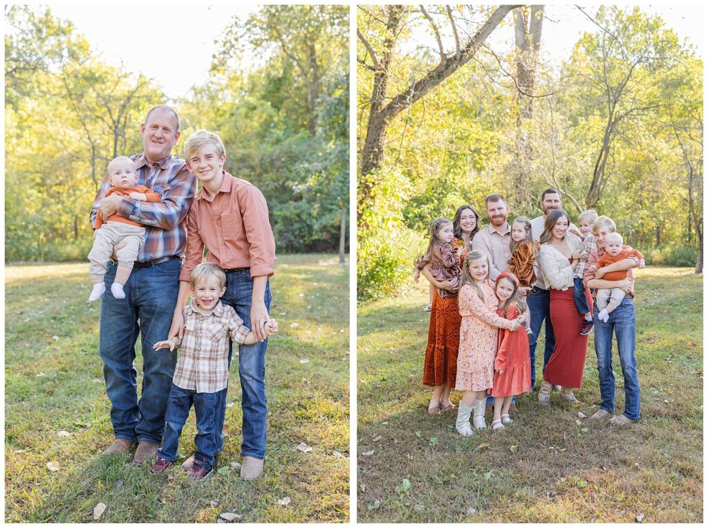 large extended family session outdoors around trees in Tiffin, OH