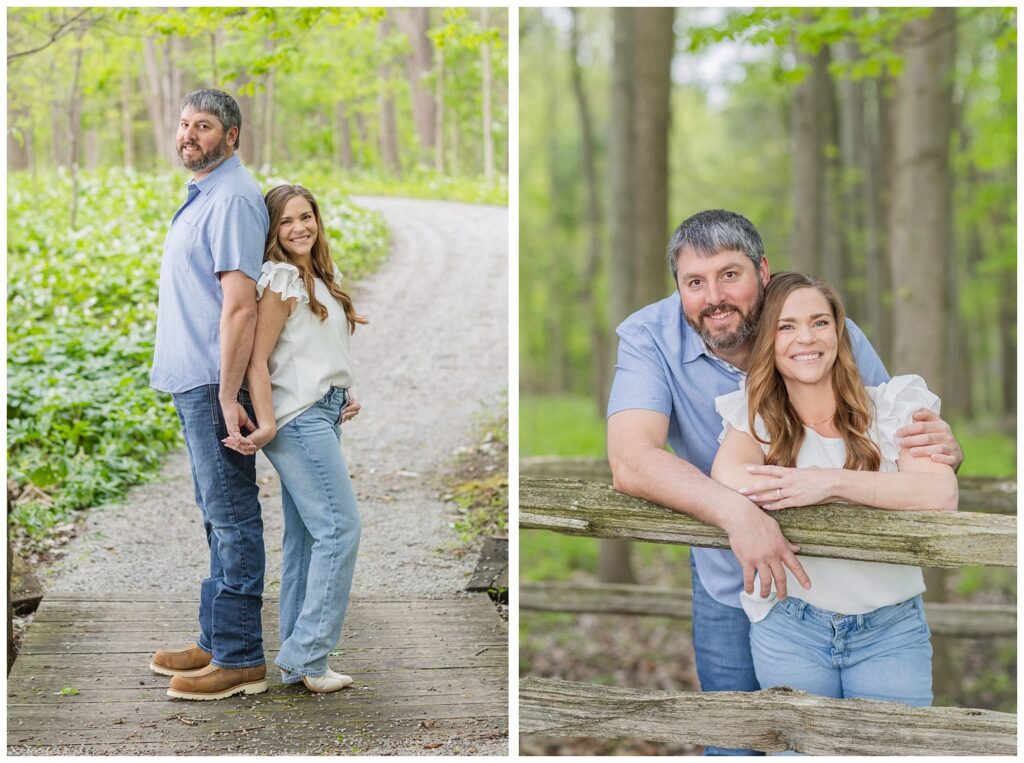 engaged couple standing back to back on bridge on fiance's family farm in Ohio