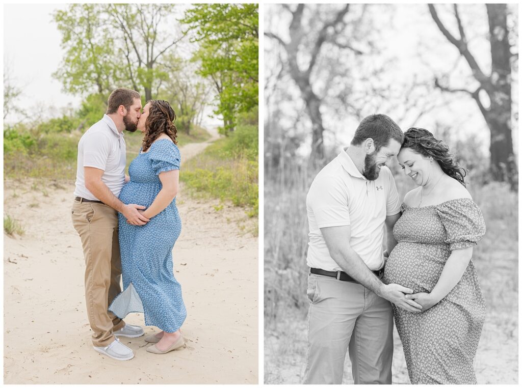 married couple posing together for maternity session at East Harbor State Park at Lake Erie