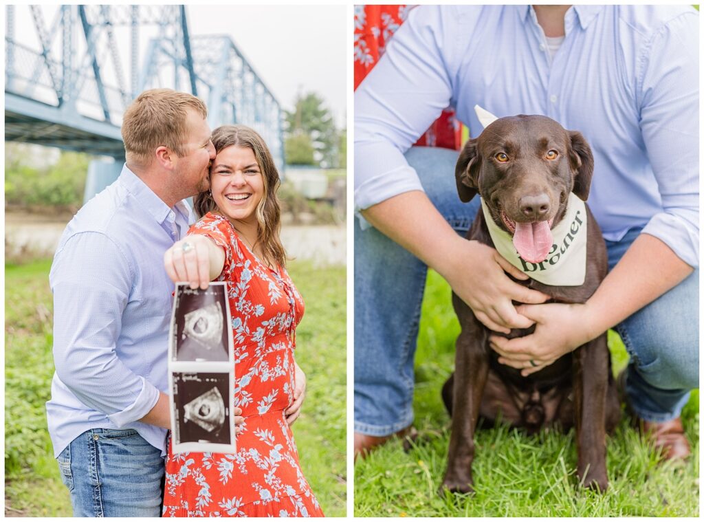 couple announcing their new baby with their dog wearing a big brother bandana in Fremont, Ohio